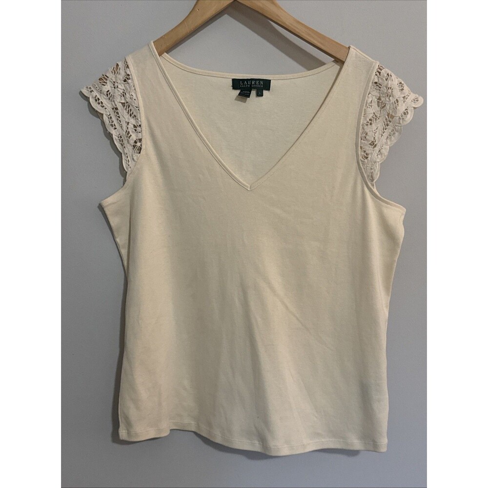 Lauren Ralph Lauren Lace Cream Short Sleeve Tee White Top Size Large L Cotton